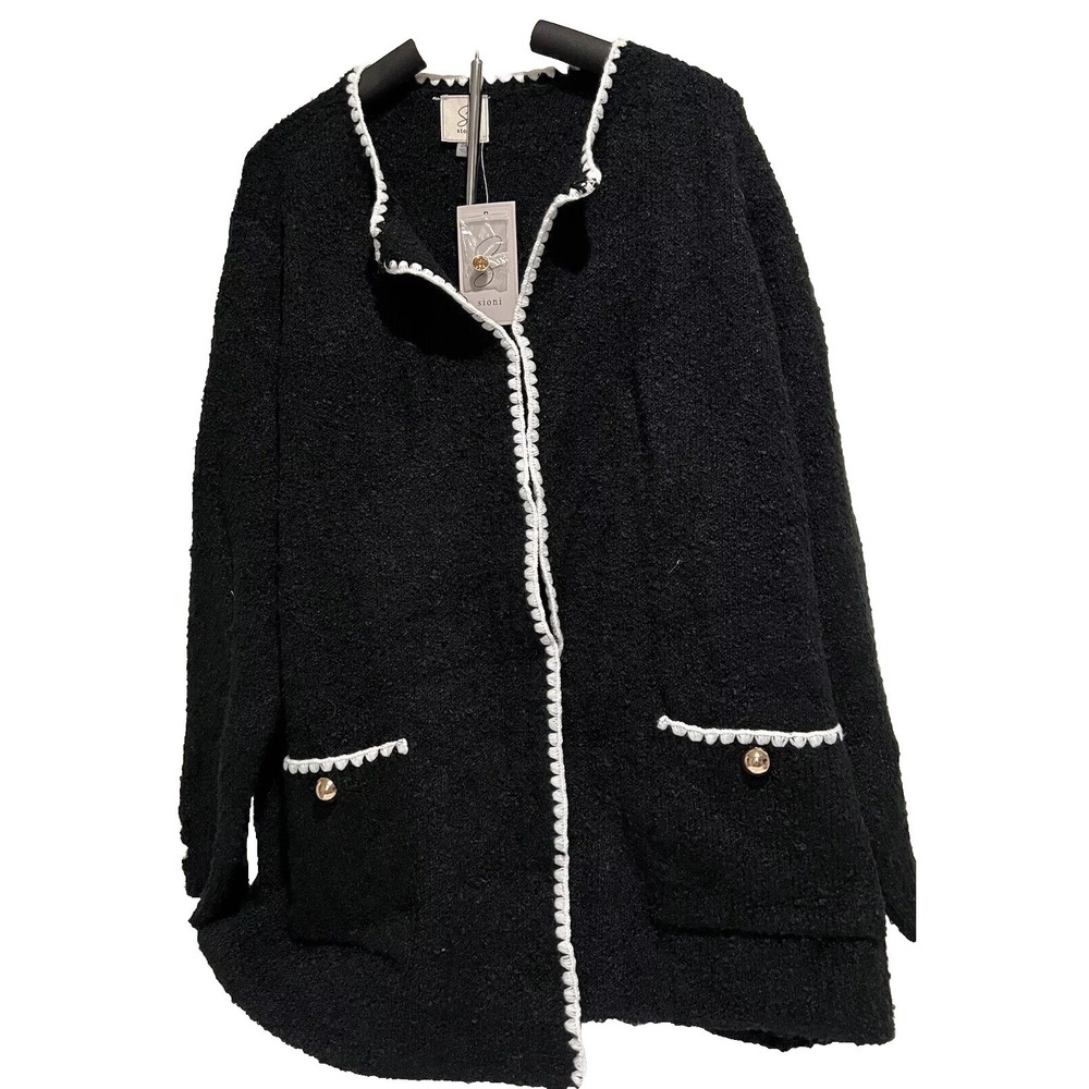 Gorgeous Stylish Sioni Black Cardigan 2X White Zigzag Trim Pockets Gold Buttons